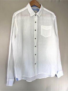 Report Collection Men’s L White 100% Linen Button Down Shirt Blue Chambray Trim